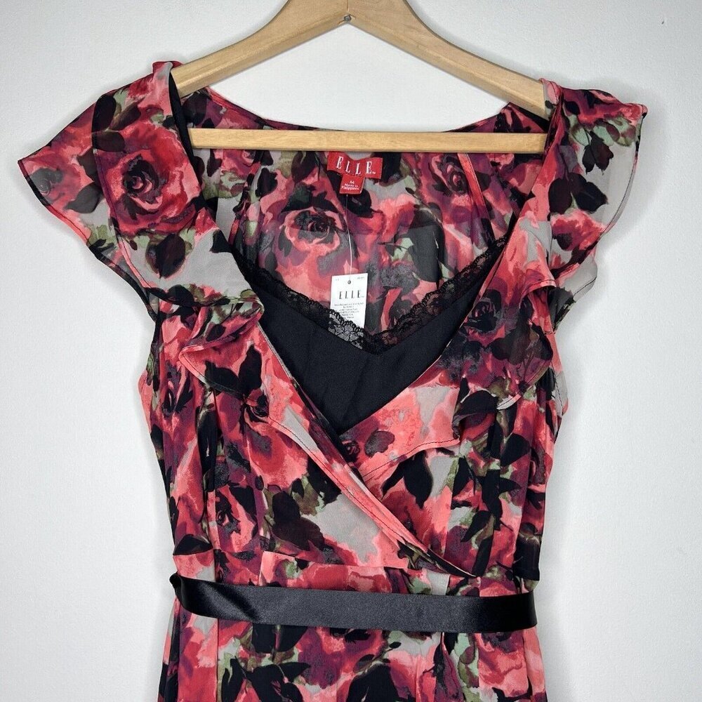 Elle Chiffon Floral Rose Mini Short Dress Sz M Y2K 90s NWT Sex & The City Vibes - Picture 2 of 9